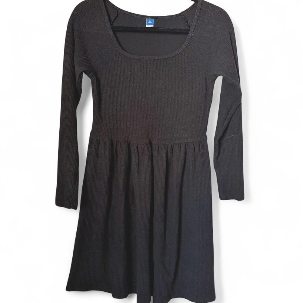 Old Navy Black Rib Knit Fit Flare Dress Size XL Long Sleeve Scoop Neck Mini